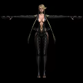 Game Movie Character With Blonde Hair Arms Outstretched Black Bodysuit Gold Accents And Mechanical Elements