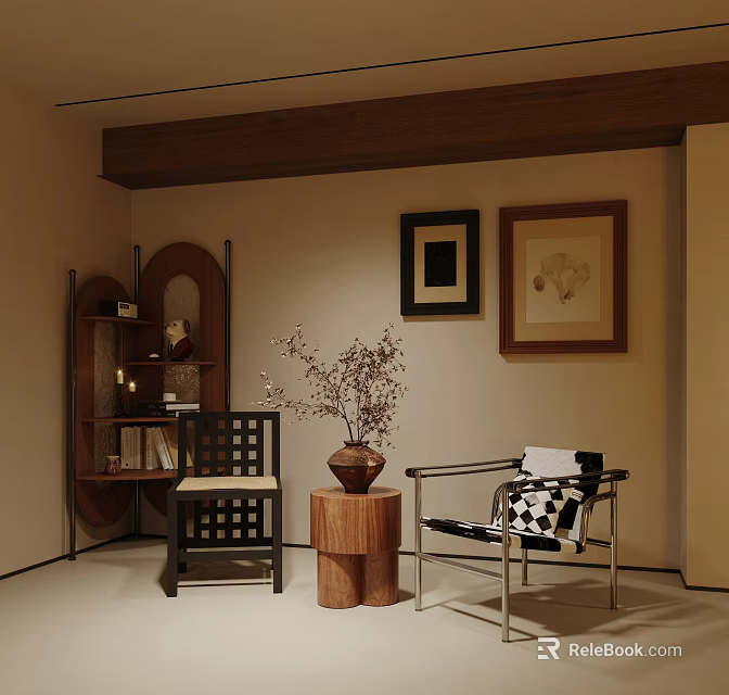 Stylish Leisure Chair With Black And White Checkered Blanket Wooden Side Table And Flower Branch 3d model 