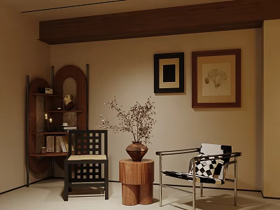 Stylish Leisure Chair With Black And White Checkered Blanket Wooden Side Table And Flower Branch 3d model