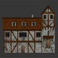 Cartoon Scene of Medieval Style House With Red Roof Wooden Frame And Small Tower