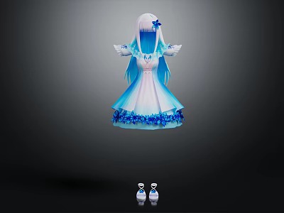 Blue And White Gradient Dress With Fluffy Skirt Wing Decoration And White Shoes 3d model
