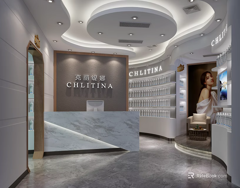 Elegant CHLITINA Specialty Store Interior With Product Displays Reception Counter And Brand Signage 3d model 