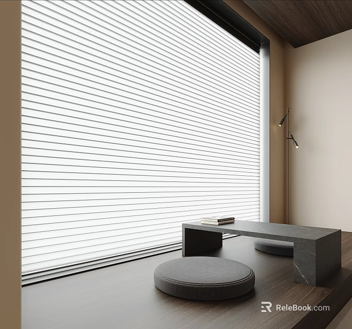 White Modern Venetian Blinds Covering Window In Bright Minimalist Room With Simple Furniture 3d model 