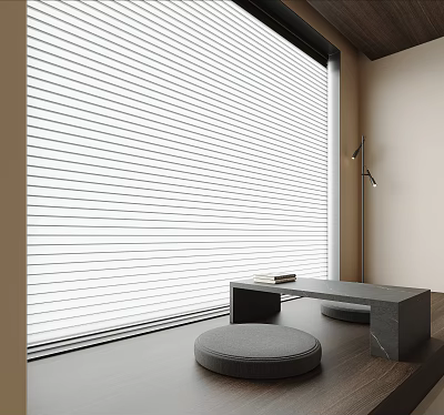 White Modern Venetian Blinds Covering Window In Bright Minimalist Room With Simple Furniture 3d model