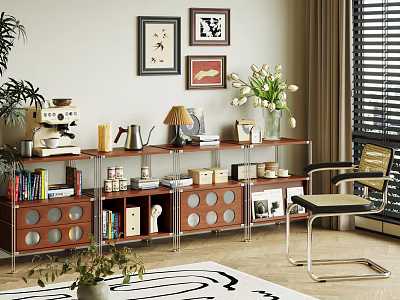 Stylish Entryway Cabinet And Sideboard With Circular Cutouts Books Decorative Items Green Plants Wall Artwork 3d model