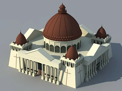 European Architecture White Structure with Large Brown Dome Small Domes Columns and Arched Windows 3d model