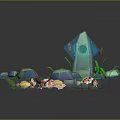 Cartoon Style Pond Scene With Water Lilies Fish Decorative Stones And Green Plants