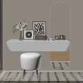 White Dressing Table with Illuminated Oval Mirror Furry Stool Artwork Vinyl Record and Flower Vase