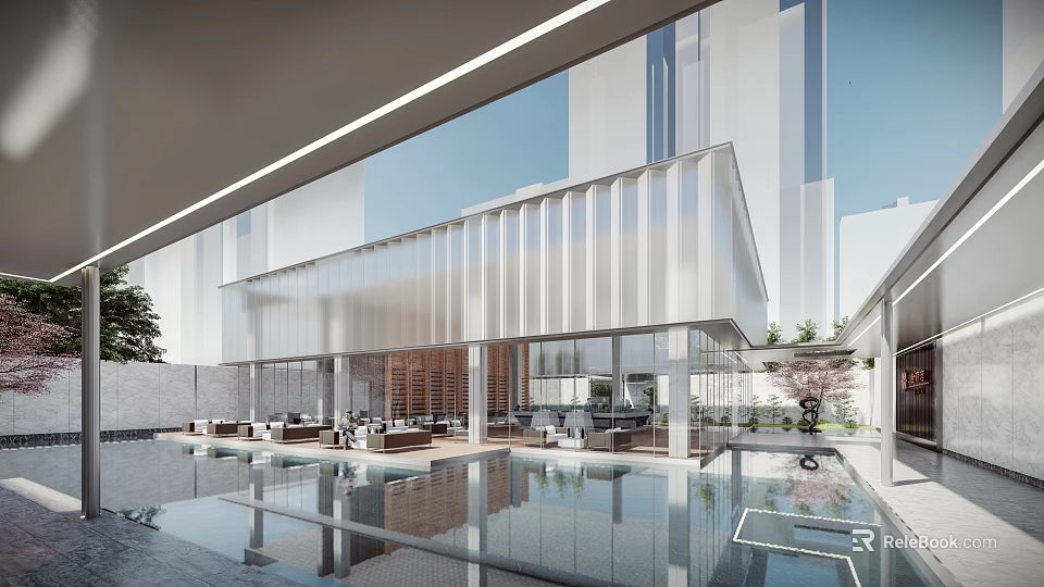 Modern Sales Office Building With Glass Curtain Wall Water Feature And Greenery Design 3d model 