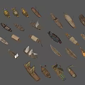 Various Traditional Wooden Boats With Different Sails And Shapes On Water