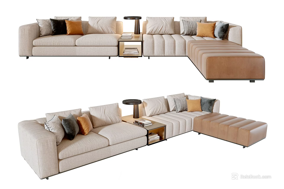 Modern Sectional Sofa with Multiple Cushions Beige and Light Brown and Side Table with Lamp 3d model