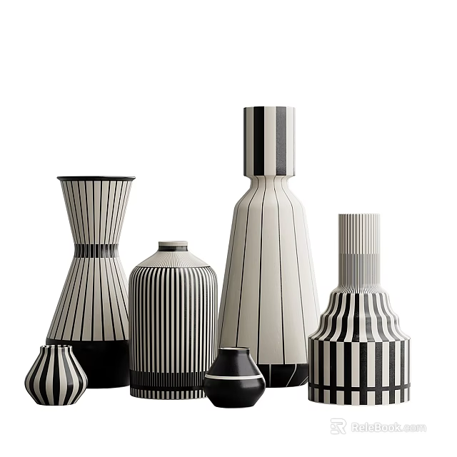 Stylish Ceramic Vessels With Black And White Stripes And Various Shapes And Modern Design 3d model 