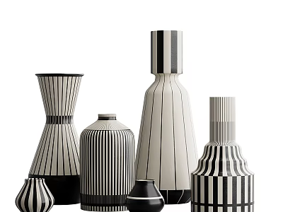 Stylish Ceramic Vessels With Black And White Stripes And Various Shapes And Modern Design 3d model