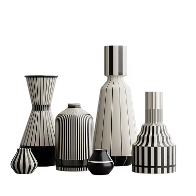 Stylish Ceramic Vessels With Black And White Stripes And Various Shapes And Modern Design 3d model