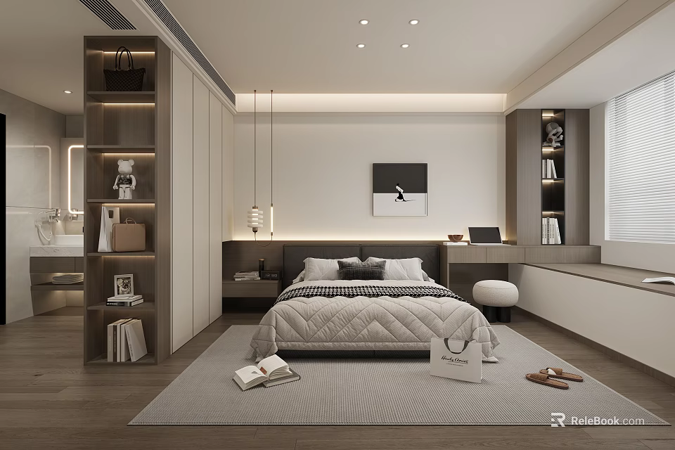Modern Bedroom Interior With Cozy Bed Bookshelves Pendant Lights And Area Rug 3d model 