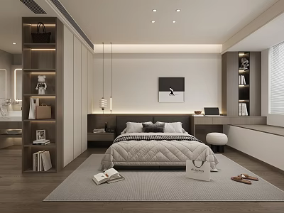 Modern Bedroom Interior With Cozy Bed Bookshelves Pendant Lights And Area Rug 3d model