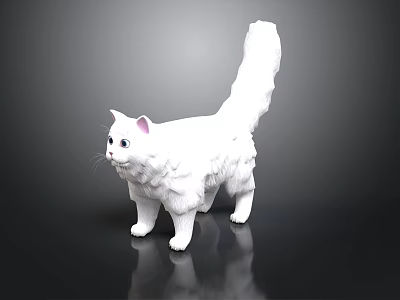 White Cat Figurine 3D Model With Detailed Fur Standing On Black Surface 3d model