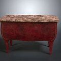 Red Furniture Cabinet With Marble Surface And Curved Wooden Legs Design