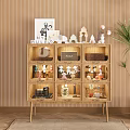 Wooden Cabinet With Multiple Compartments And Decorative Figurines On Striped Wallpaper Background