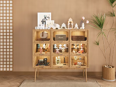 Wooden Cabinet With Multiple Compartments And Decorative Figurines On Striped Wallpaper Background 3d model