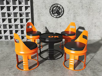 Modern Round Black Table and Orange Chair Set With Four Black Cushioned Seats 3d model