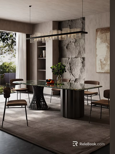 Modern Restaurant Dining Interior With Glass Top Table Green Plant Stone Wall And Chandelier 3d model 