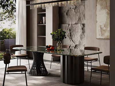 Modern Restaurant Dining Interior With Glass Top Table Green Plant Stone Wall And Chandelier 3d model