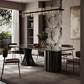 Modern Restaurant Dining Interior With Glass Top Table Green Plant Stone Wall And Chandelier