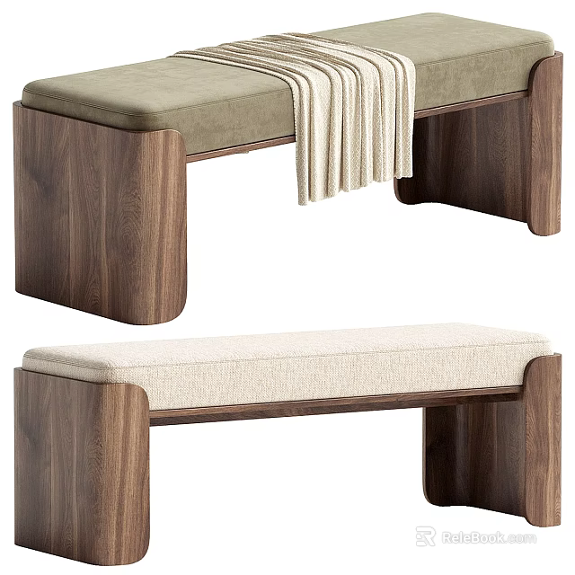 Modern Solid Walnut Wood Upholstered Long Bench With Soft Cushion For Home Indoor Furniture 3d model 