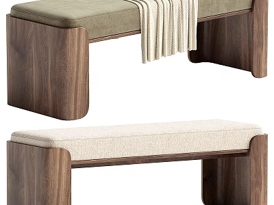 Modern Solid Walnut Wood Upholstered Long Bench With Soft Cushion For Home Indoor Furniture 3d model