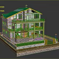 Cartoon House Scene With Green Roof Solar Panels Stone Wooden Structure And Multi Level Balconies