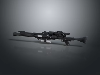 Modern Tactical Black Rifle Equipped with Scope Magazine and Barrel on Reflective Gray Surface 3d model