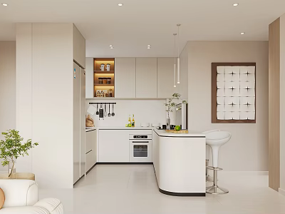 Modern Kitchen Interior Design With White Cabinets Island Counter Bar Stool And Pendant Lights 3d model