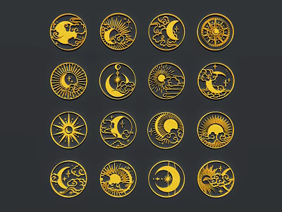 Golden Circular Moon Sun Icons With Various Ornate Design Elements 3d model
