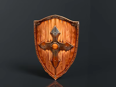 Wooden Medieval Shield With Metal Accents Cross Design And Riveted Edges 3d model