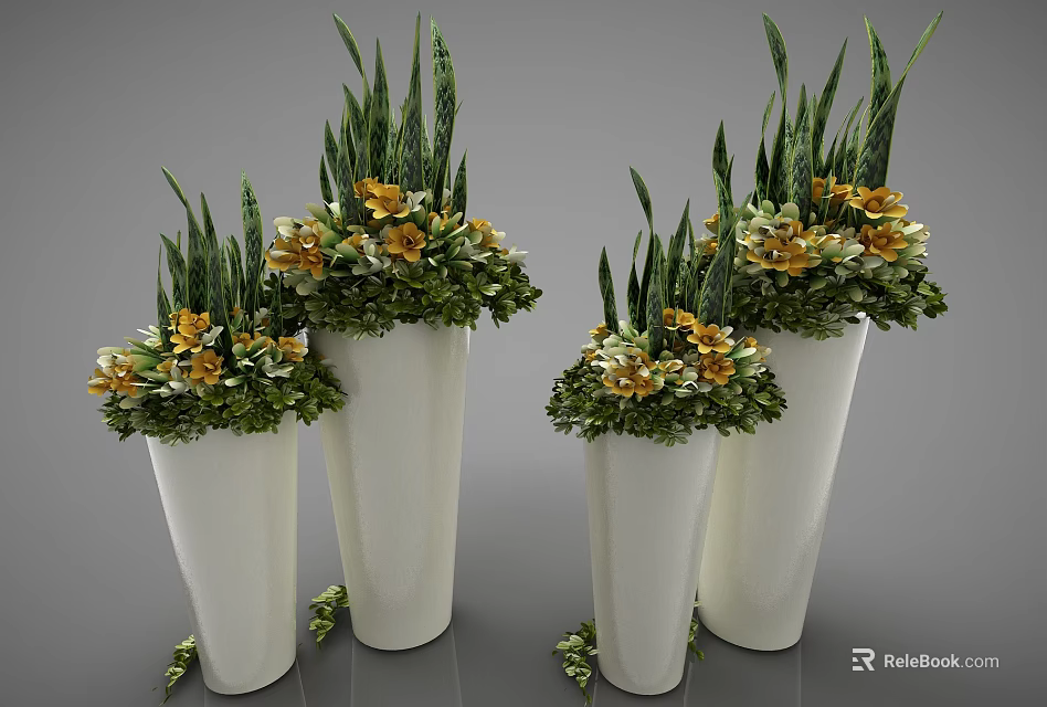 Decorative Bonsai Potted Plants In White Vases With Green Leaves And Yellow Flowers 3d model 