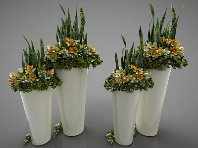 Decorative Bonsai Potted Plants In White Vases With Green Leaves And Yellow Flowers 3d model