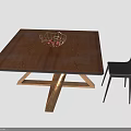 Square Wooden Dining Table With Wood Grain Crossed Legs Wicker Basket And Black Chair
