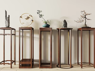 Sculpture Display On Wooden Stands With Decorative Items Light Wall Wooden Floor 3d model