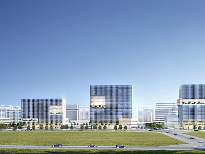 Modern Commercial Complex With Glass Curtain Walls And Green Space 3d model
