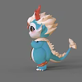 Cute Cartoon Dragon Figurine With Blue Body Red Horns And Decorative Sash