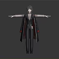 3D Model Woman in Black Long Coat with Arms Outstretched against Gray Background