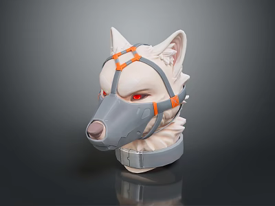 Game Movie Character With Wolf Head White Fur Gray Mask Orange Straps Red Eyes 3d model