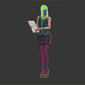 Red Haired Female Character Wearing White Shirt Black Vest Holding Folder on Gray Background