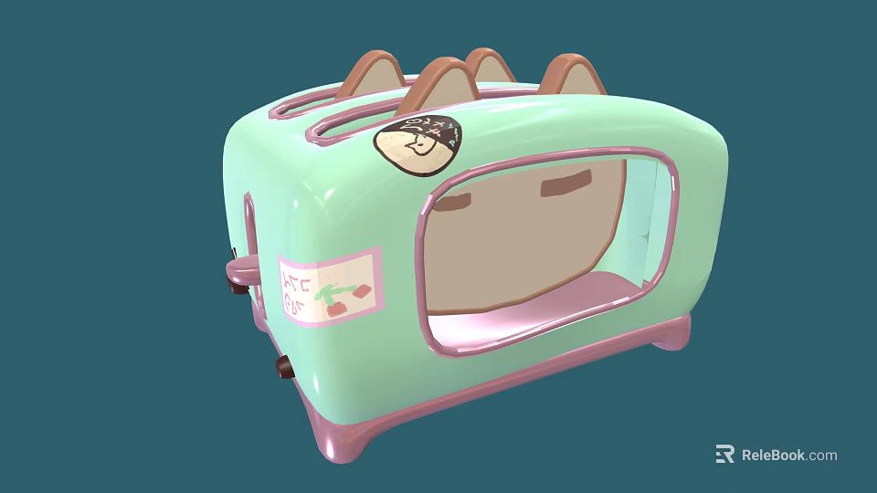Cute Green Toaster With Cartoon Design And Pink Accents Transparent Window 3d model 