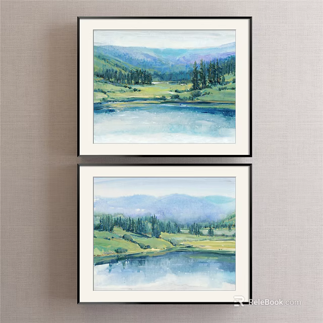 Watercolor Landscape Paintings Featuring Mountains Lake Green Trees And Grassland Wall Art 3d model 
