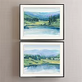 Watercolor Landscape Paintings Featuring Mountains Lake Green Trees And Grassland Wall Art