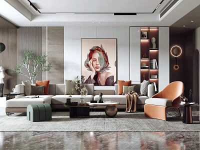 Elegant Modern Living Room With Large Artwork Sofa Cushions Orange Armchair And Display Shelves 3d model