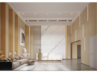 Modern Lobby Reception Desk With Marble Wall And Wooden Panel Lighting Decor 3d model
