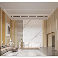 Modern Lobby Reception Desk With Marble Wall And Wooden Panel Lighting Decor